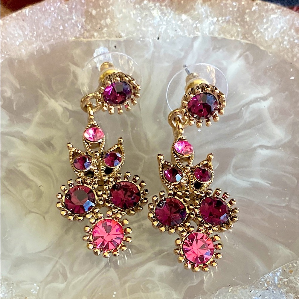 Whimsical Purple and Pink Crystal Owl  Earrings with Gold Tone   Marked China